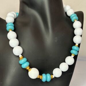 Single Strand White and Turquoise Bubble Bead Acrylic Necklace